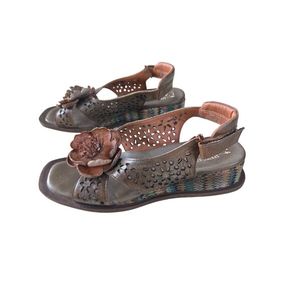 Spring Step L'Artiste Floral Low Boho Wedge Sandals Size 36 Leather Multicolor - Picture 3 of 10
